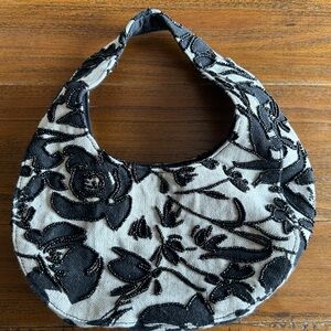 A New Day Mini Beaded Crescent Handbag in black and white